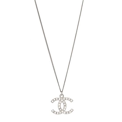 CHANEL Baguette Crystal CC Necklace Silver 